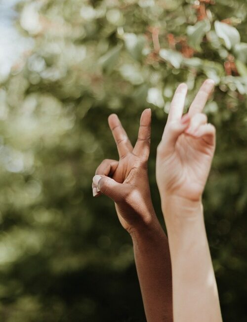 2 women holding hand peace sign (black and caucasian) against green nature background