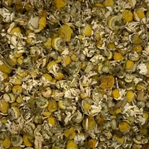 matricaria recutita chamomile flowers dry herb close-up