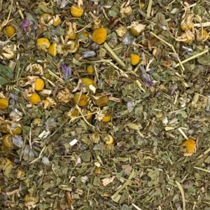 sleep and dreams tea blend by roncys apothecary and clinic with valarian, passionflower, wild lettuce, betony, chamomile, borage, lemon balm