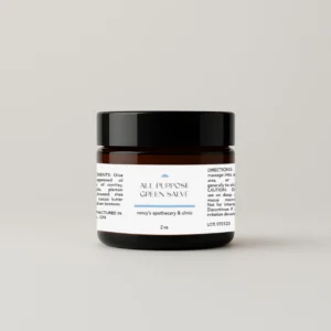 roncy's apothecary and clinic 2oz amber jar all purpose healing balm green salve against neutral background