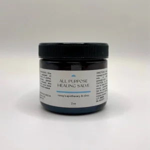 roncy's apothecary and clinic 2oz amber jar all purpose healing balm green salve against white background
