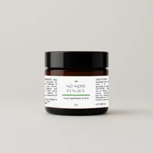roncy's apothecary and clinic 2oz amber jar antifungal no more fun-guy salve against neutral background