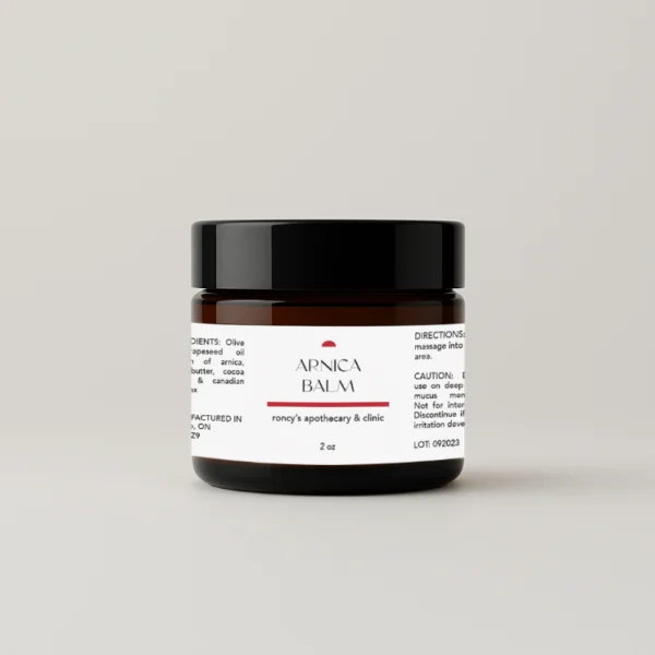 roncy's apothecary and clinic 2oz amber jar arnica trauma balm against white background