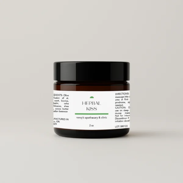 roncys-apothecary-and-clinic-2oz-amber-jar-herbal-kiss-cold-sore-relief-balm-against-white-background