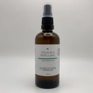 roncys apothecary and clinic bug and tick repellant spray in 100mL amber bottle against white background