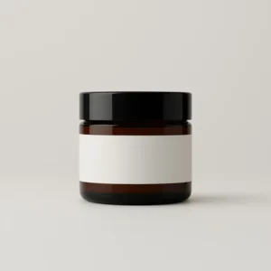 roncys-apothecary-and-clinic-2oz-amber-jar-white label-placeholder-against-neutral-background