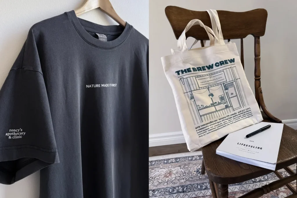 roncys apothecary and clinic tshirt and totebag merch product images
