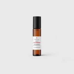 10mL amber roller bottle with black cap for muscle melt essential oil blend for muscle tension and aches by RONCYS APOTHECARY CLINIC