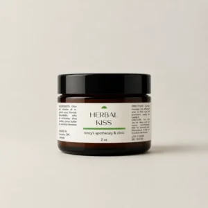 roncys-apothecary-and-clinic-2oz-amber-jar-herbal-kiss-cold-sore-antiviral-salve-against-neutral-background