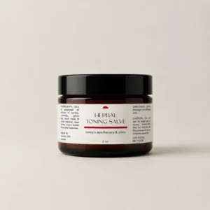 roncys-apothecary-and-clinic-2oz-amber-jar-herbal-toning-salve-varicose-veins-hemorrhoids-against-neutral-background