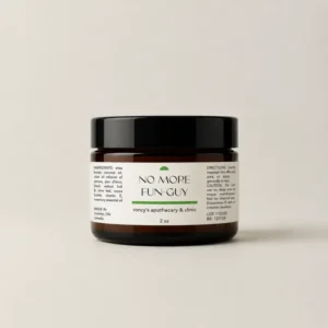 roncys-apothecary-and-clinic-2oz-amber-jar-no-more-funguy-antifungal-salve-against-neutral-background